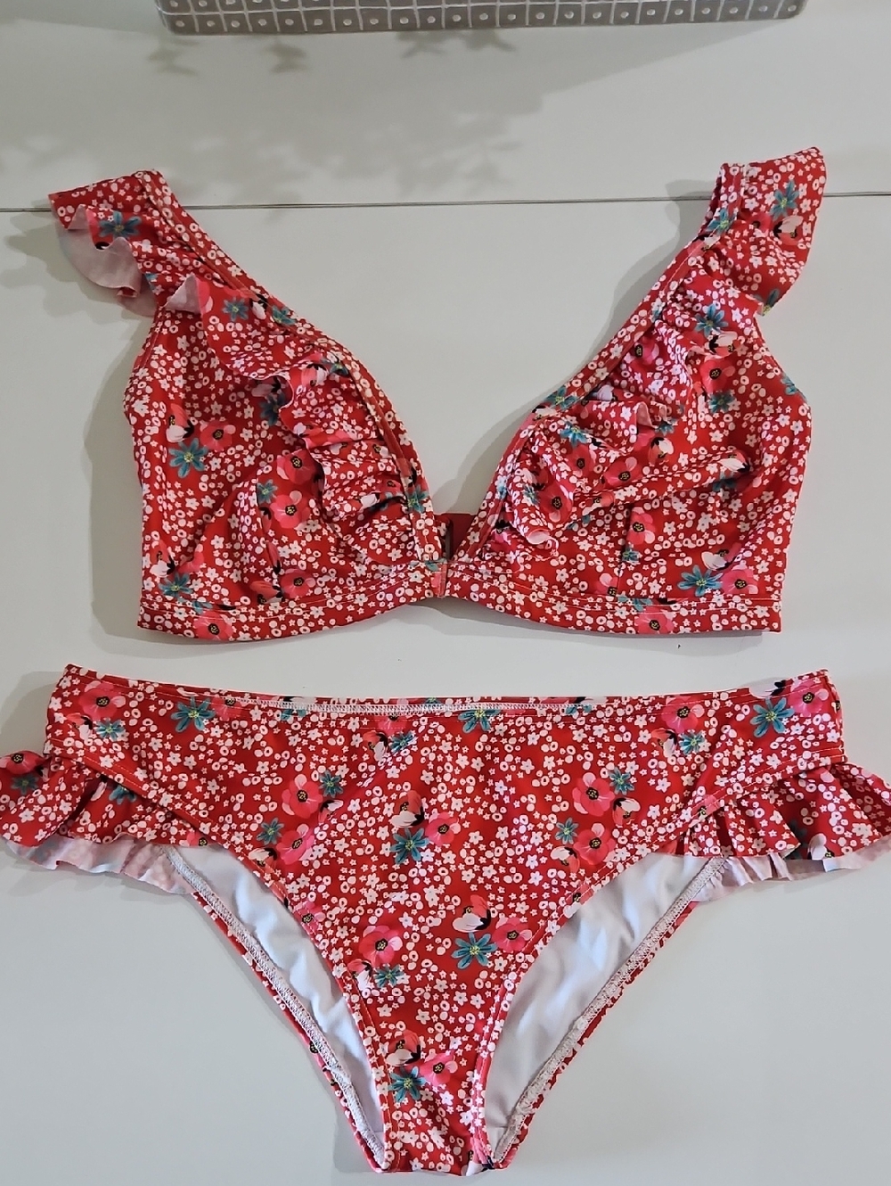 Red Floral Ruffle Bikini Set with Pink & White Accents